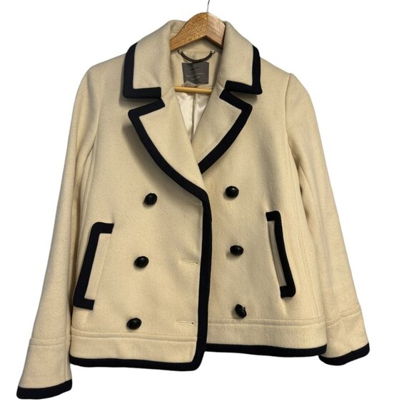J.Crew 6P Cream Wool Peacoat with Navy Piping | Classic Preppy Winter Jacket - Picture 1 of 5